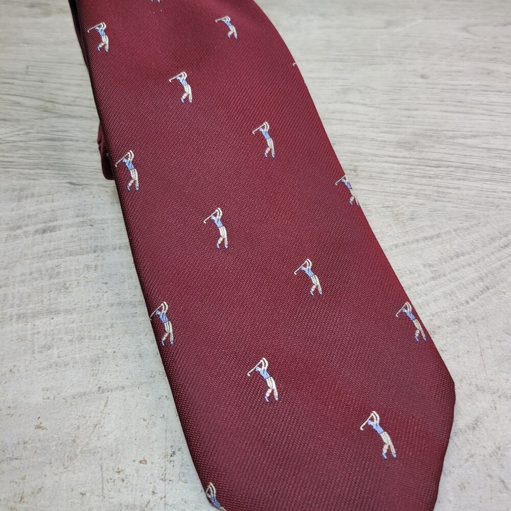 Austin Manor Mens Necktie Tie Golf Golfer Burgundy 3" Skinny EUC